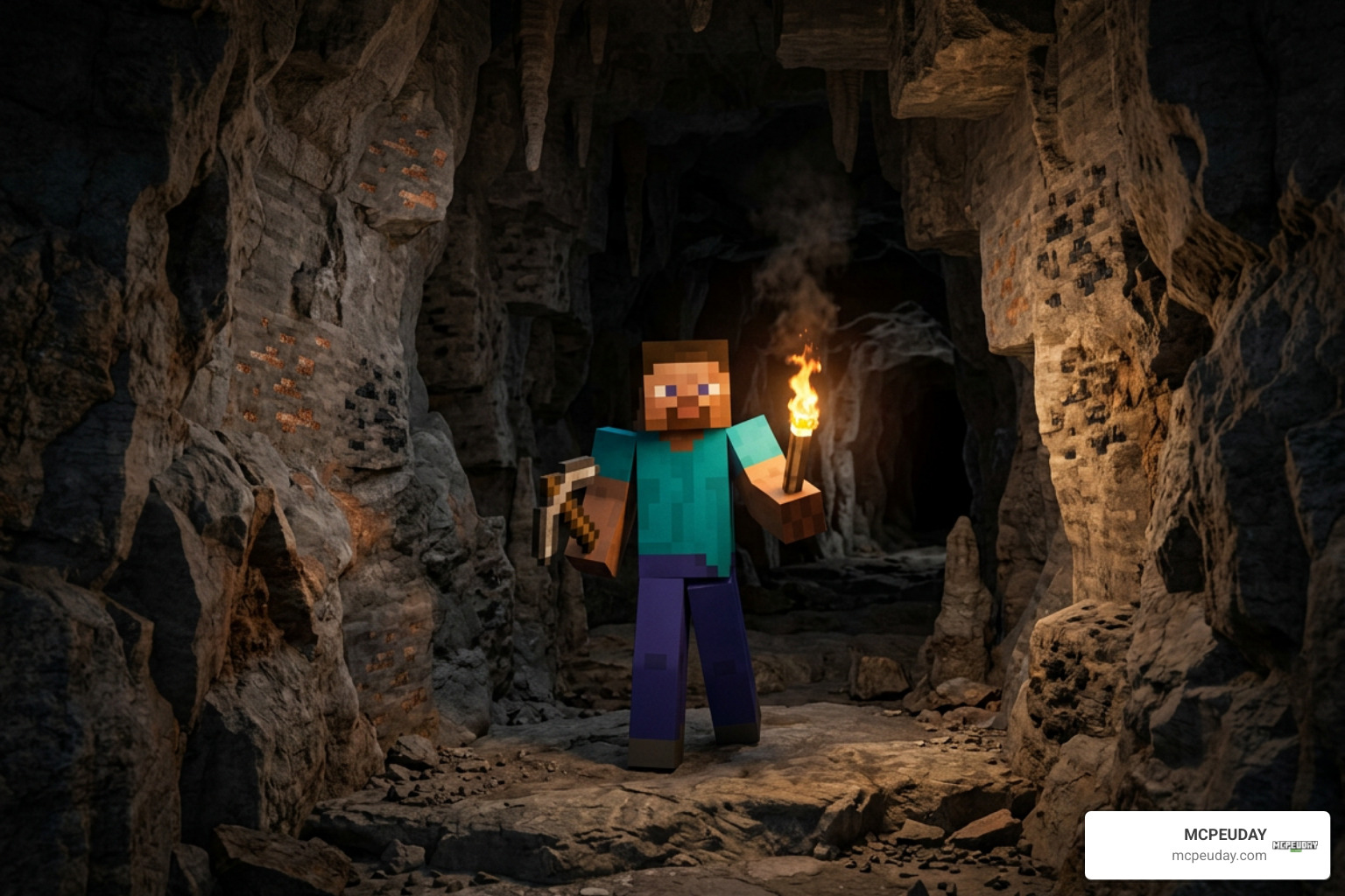 Minecraft Bedrock player holding a pickaxe and torch