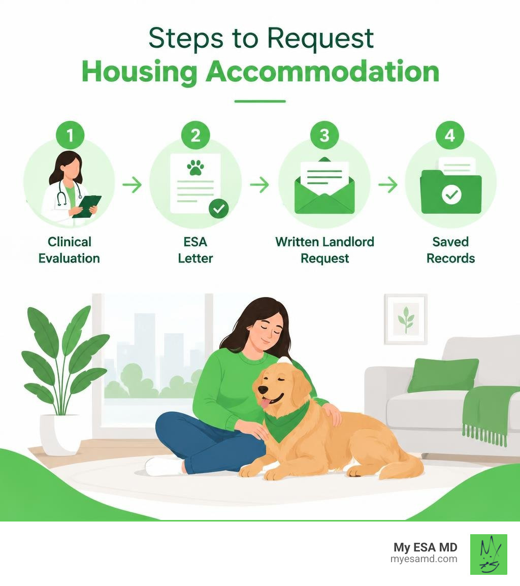 Pasos para solicitar una acomodación de vivienda: evaluación clínica, carta ESA, solicitud por escrito al arrendador y registros guardados