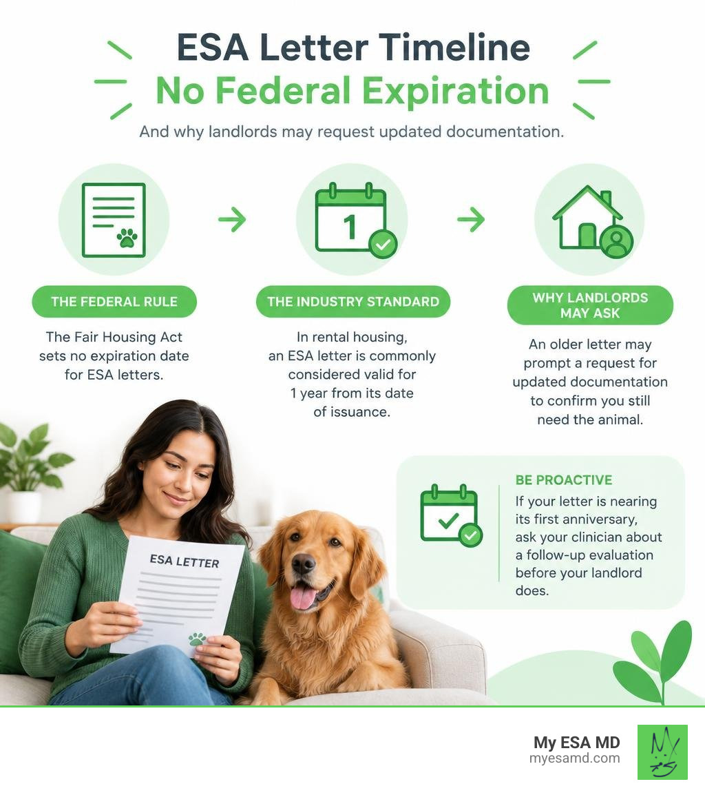 ESA letter timeline showing no federal expiration and why landlords may request updated documentation infographic