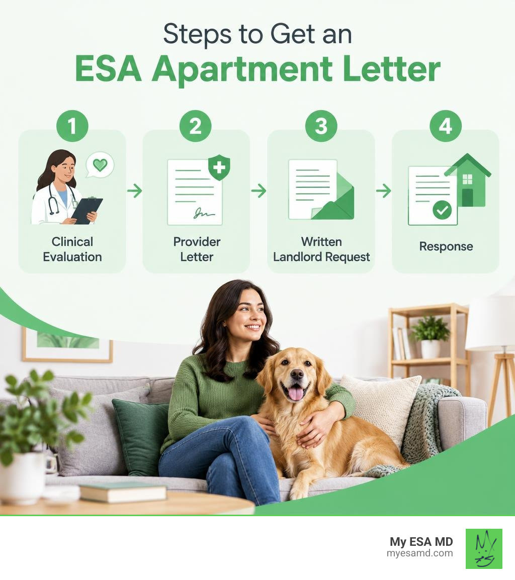 Steps to get an ESA apartment letter: clinical evaluation, provider letter, written landlord request, response infographic