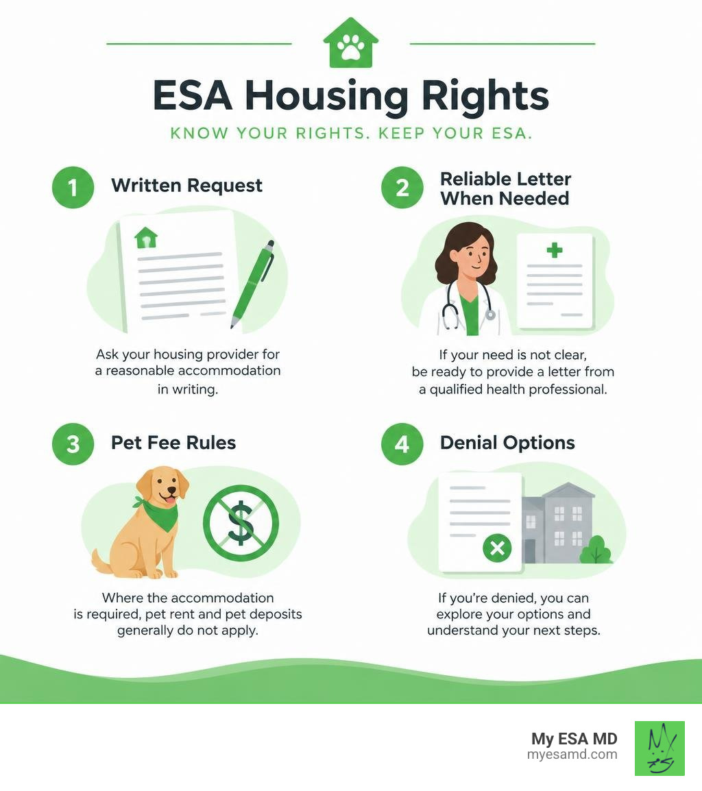 ESA housing rights: written request, reliable letter when needed, pet fee rules, and denial options infographic