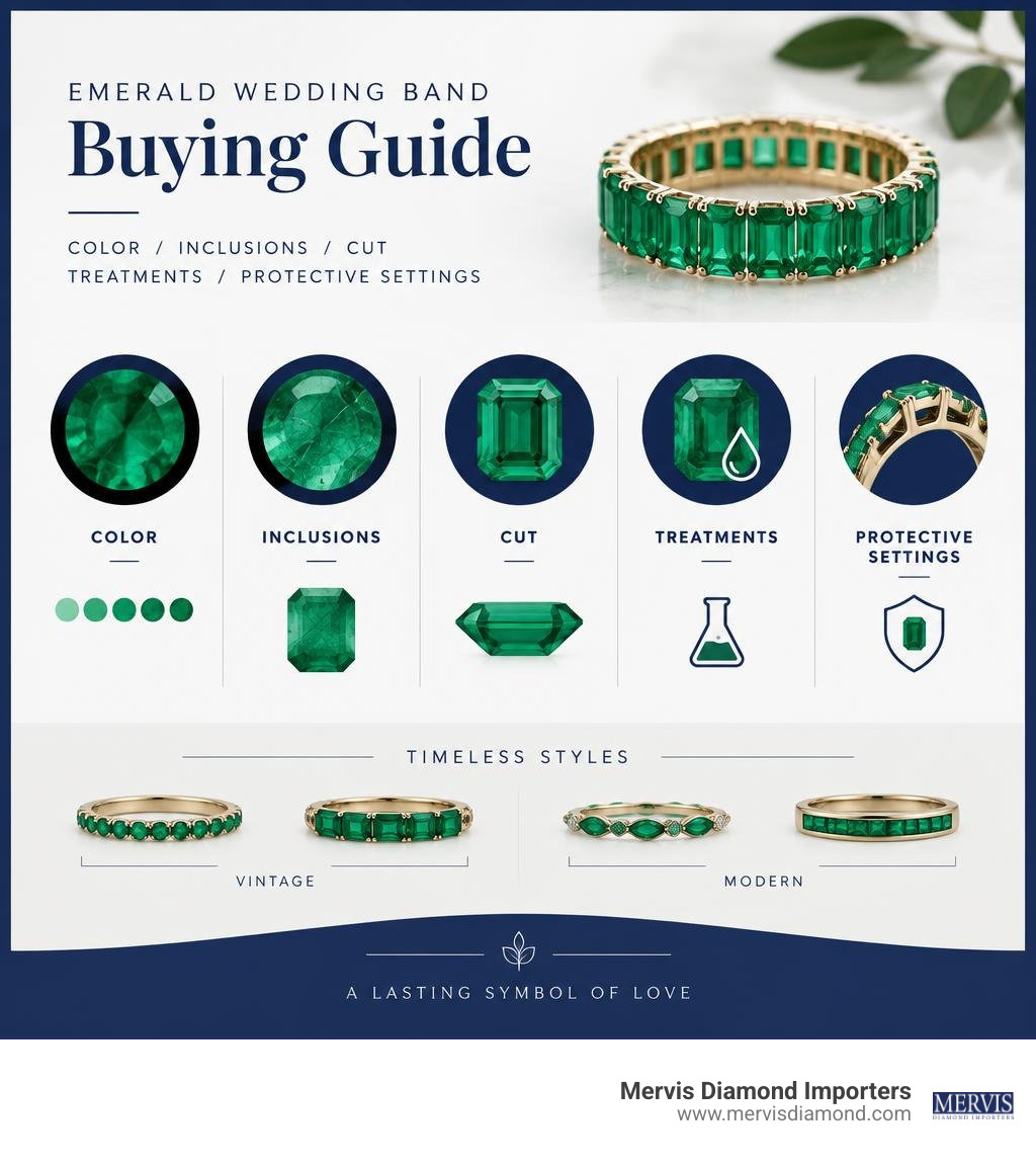 Emerald wedding band buying guide: color, inclusions, cut, treatments, and protective settings infographic