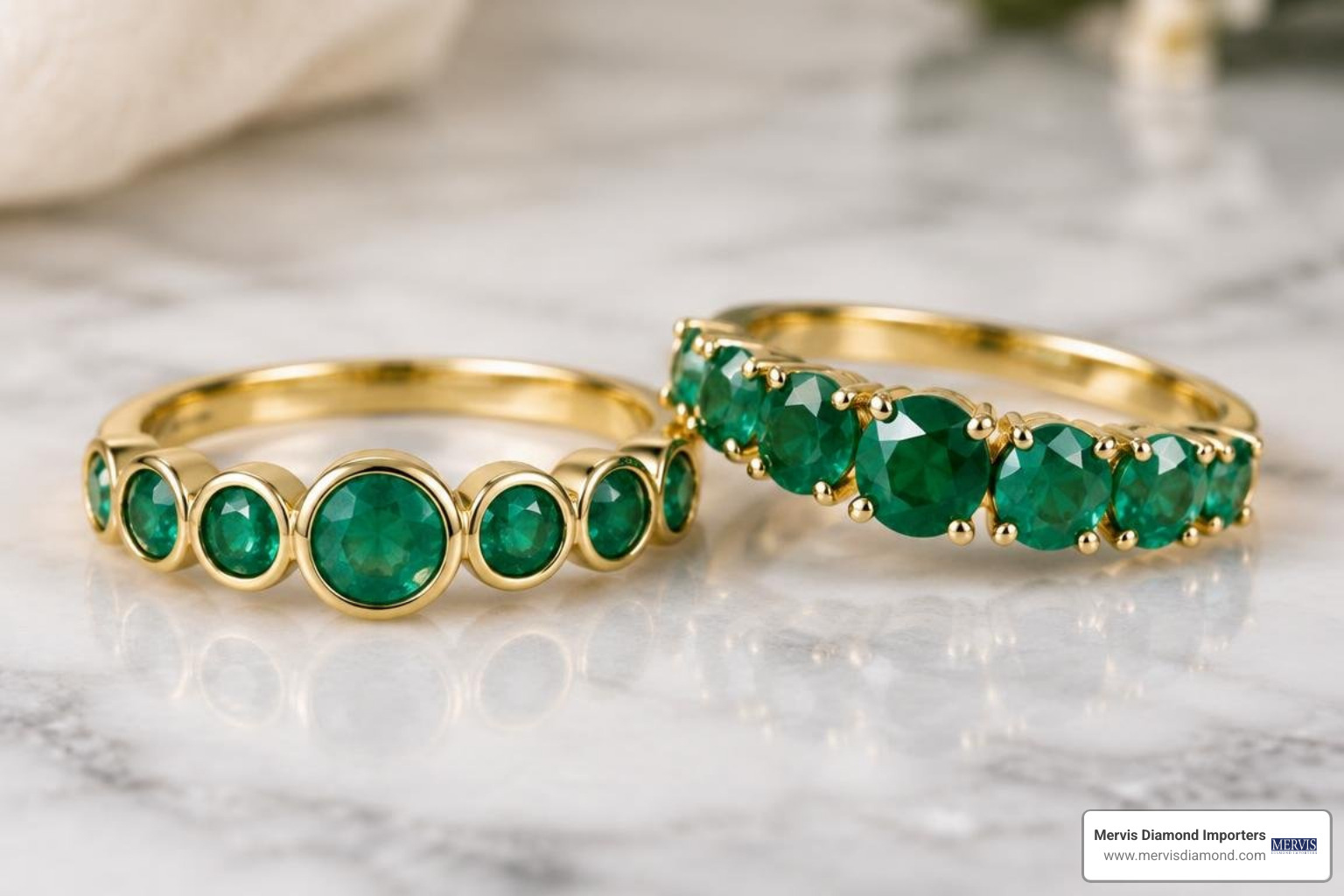 bezel set and prong set emerald bands