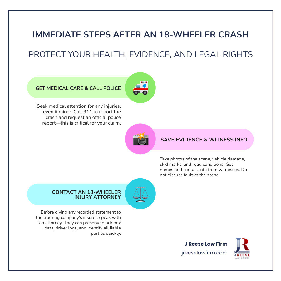 Immediate steps after an 18-wheeler crash: get medical care, call police, save evidence, contact an attorney infographic