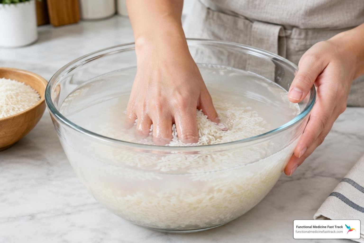 Washing raw jasmine rice in a bowl of water Washing raw jasmine rice in a bowl of water