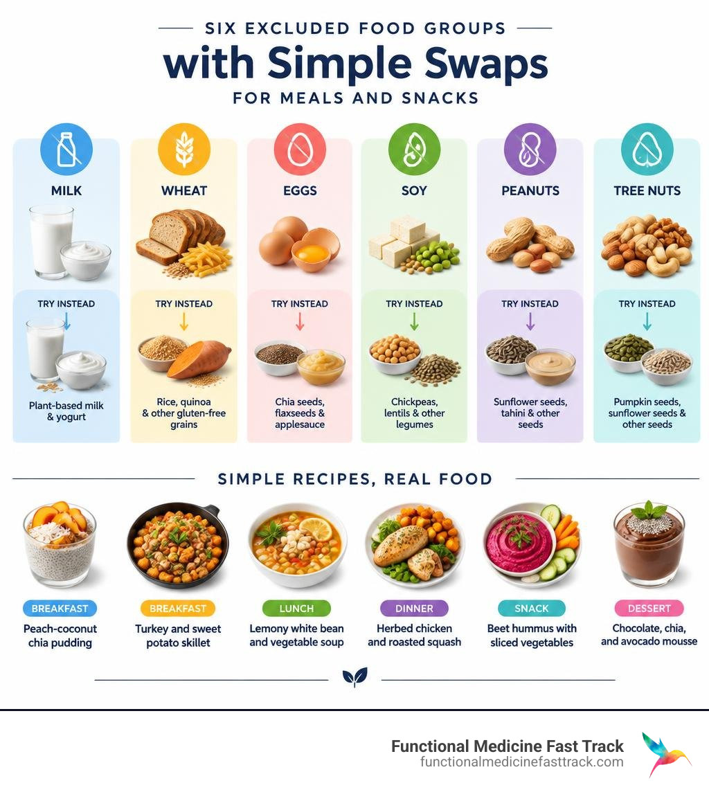 Six excluded food groups with simple swaps for meals and snacks infographic