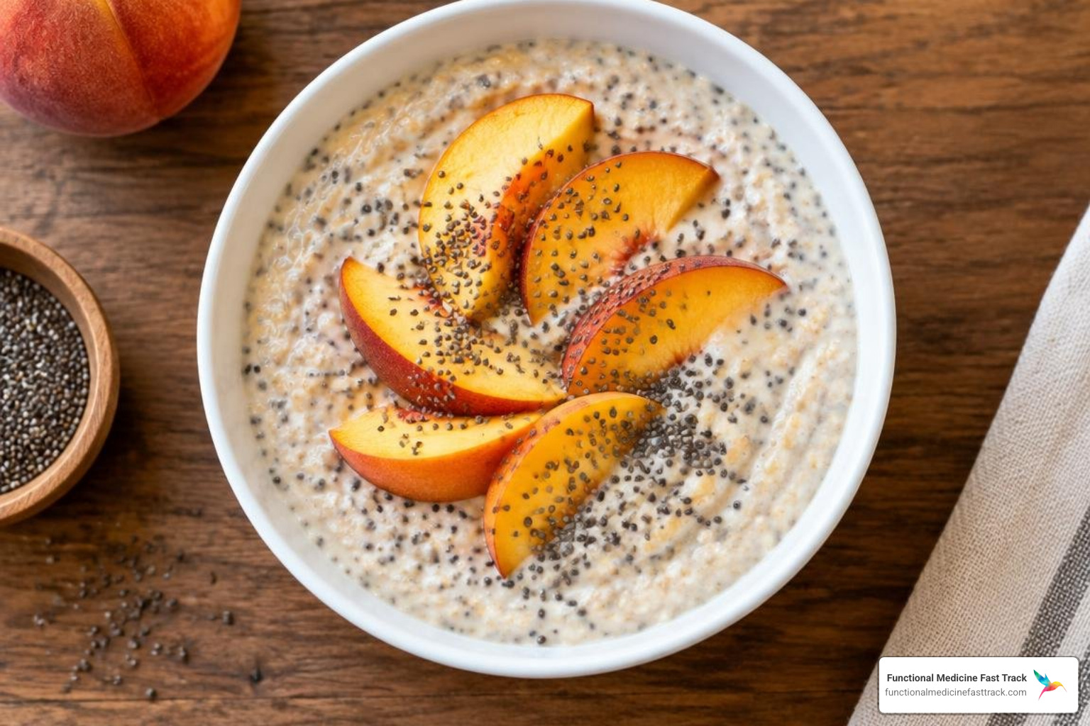 creamy peach coconut chia porridge topped with fresh sliced peaches