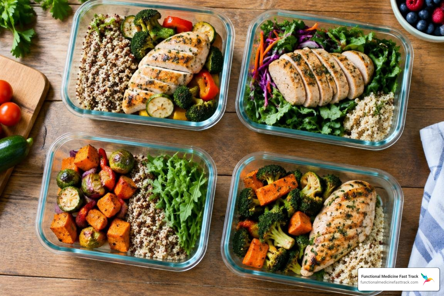 meal prep containers filled with allergen-safe wholesome dishes