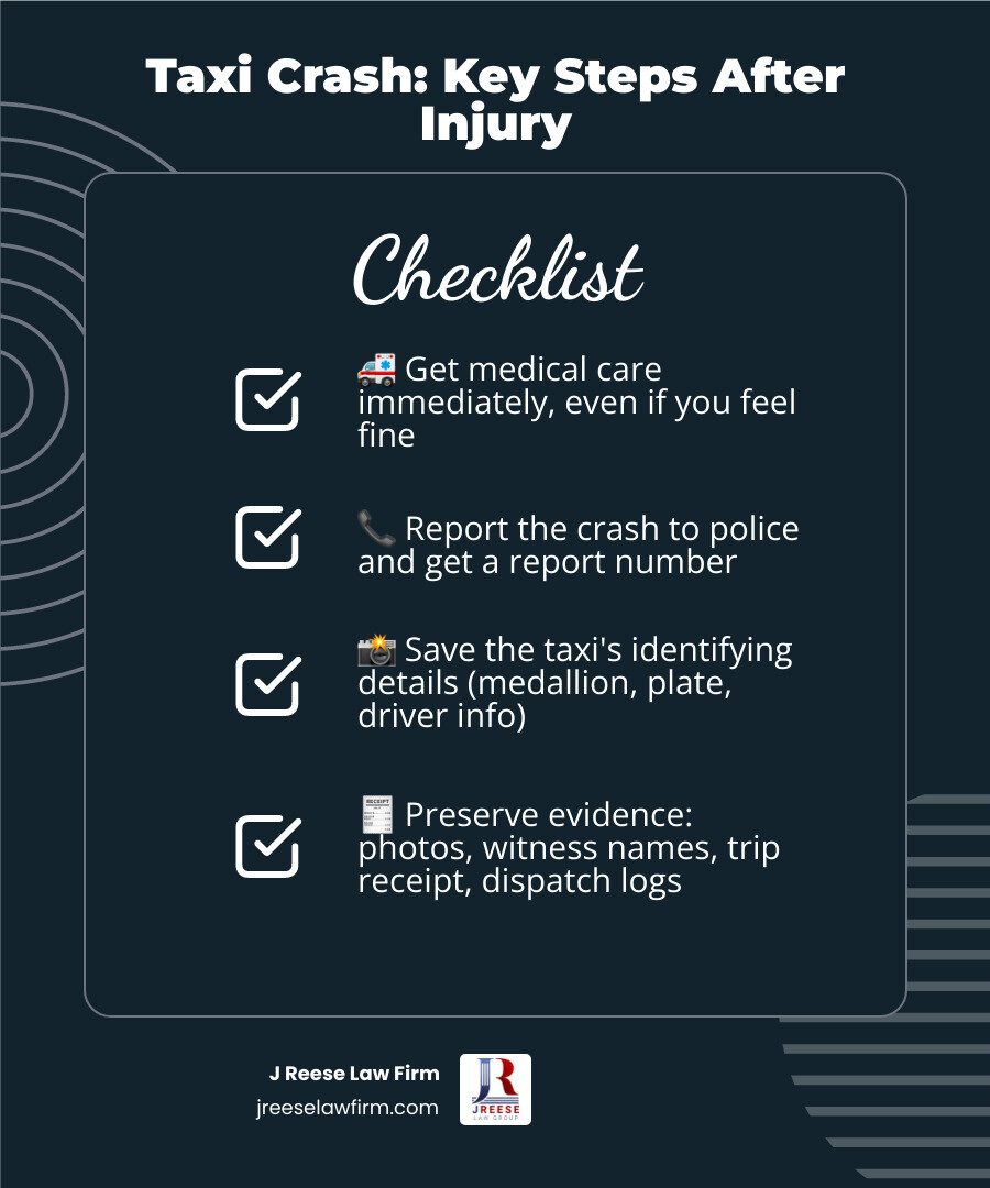 Taxi injury claim checklist: get care, report crash, save evidence, review insurance, seek legal help infographic Taxi injury claim checklist: get care, report crash, save evidence, review insurance, seek legal help infographic