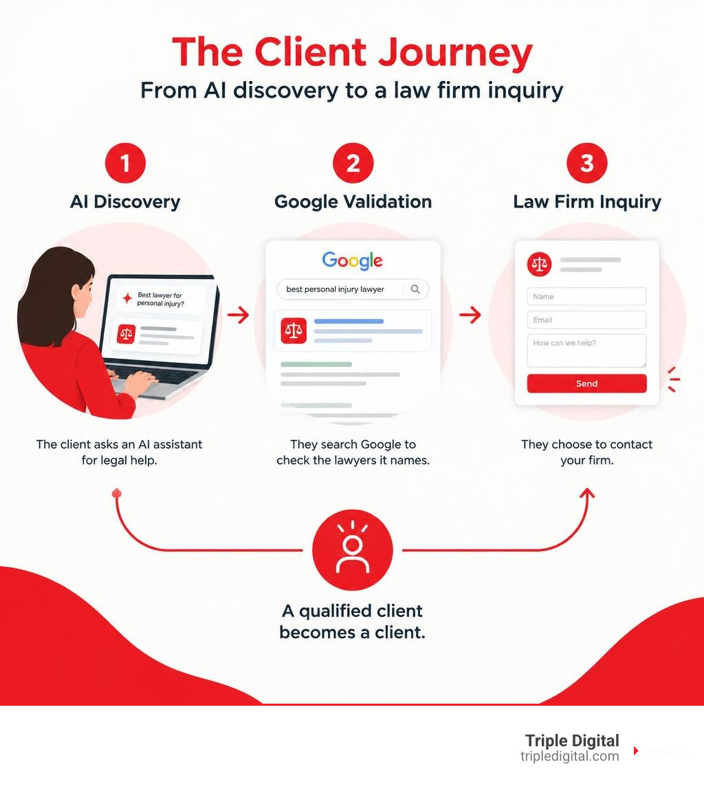 AI discovery, Google validation, and law firm inquiry in the client journey infographic AI discovery, Google validation, and law firm inquiry in the client journey infographic