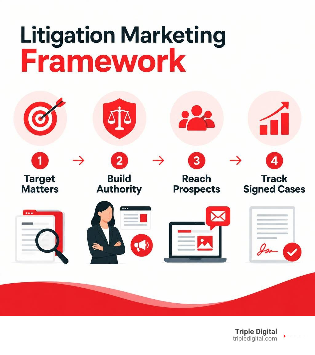 Litigation marketing framework: target matters, build authority, reach prospects, track signed cases infographic
