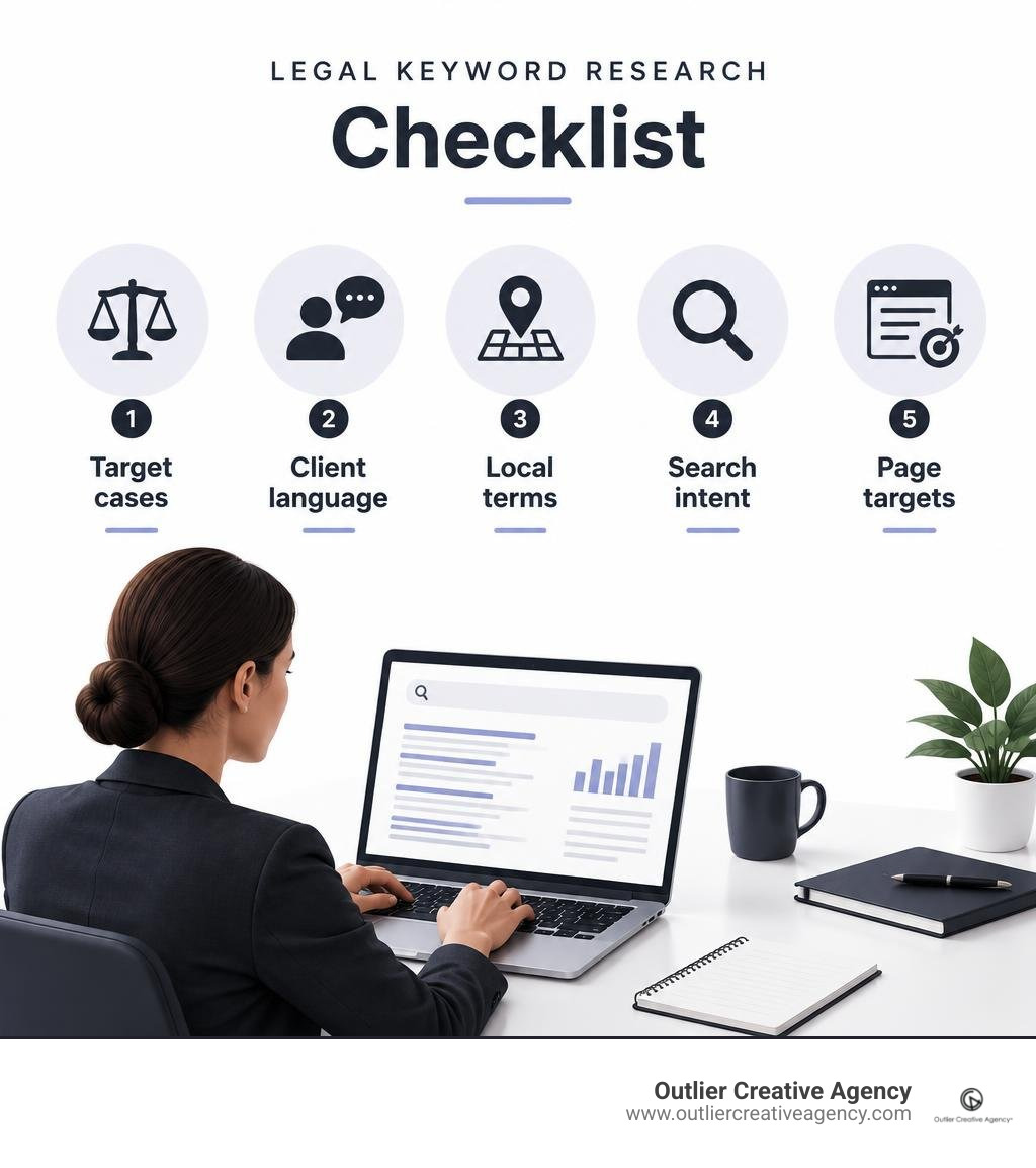 Legal keyword research checklist: target cases, client language, local terms, search intent, and page targets infographic