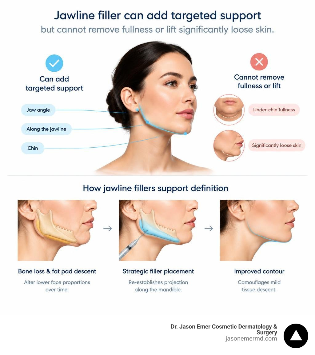 Jawline filler can add targeted support but cannot remove fullness or lift significantly loose skin infographic