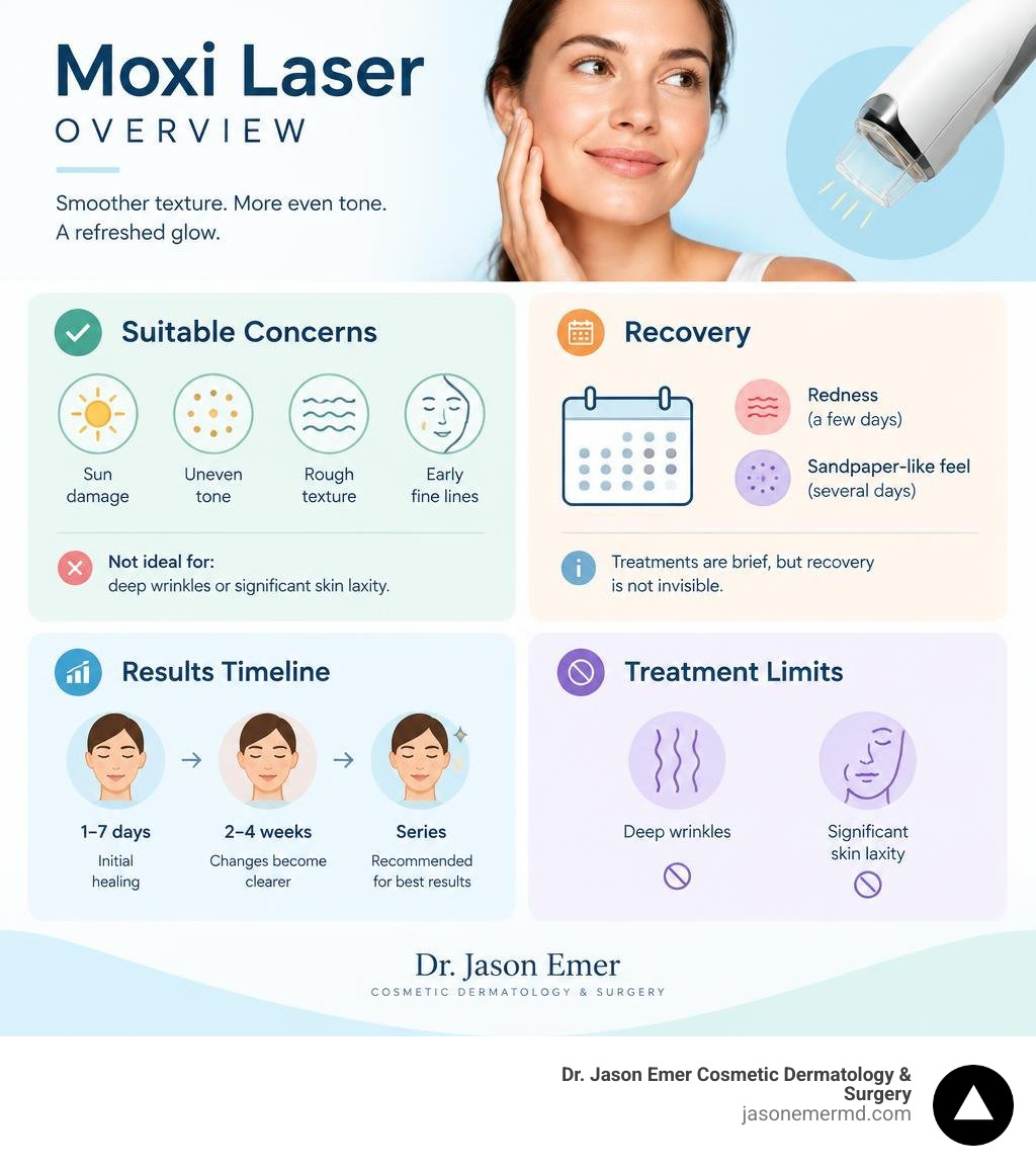 Moxi laser overview showing suitable concerns, recovery, results timeline, and treatment limits infographic