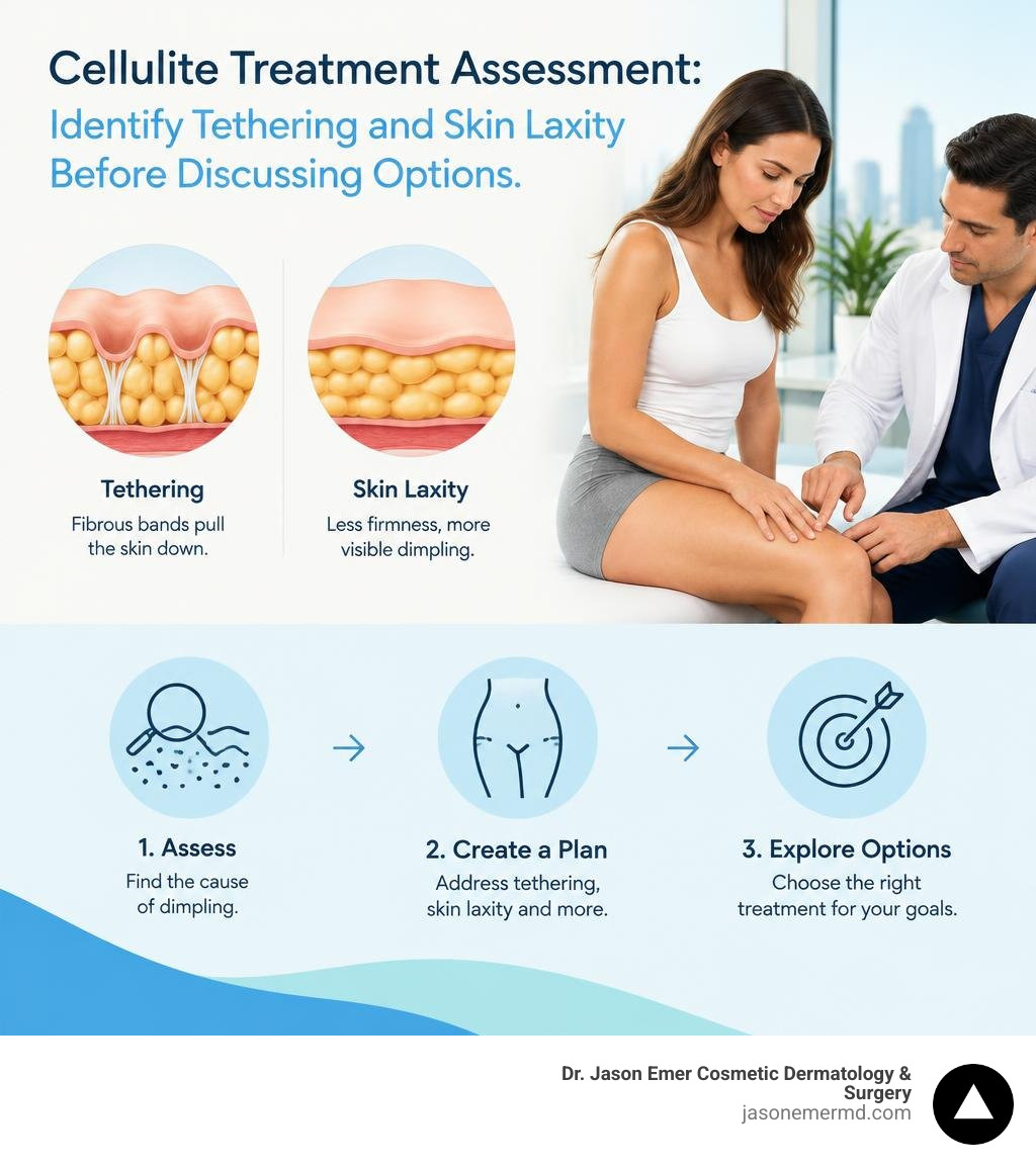 Cellulite treatment assessment: identify tethering and skin laxity before discussing options infographic