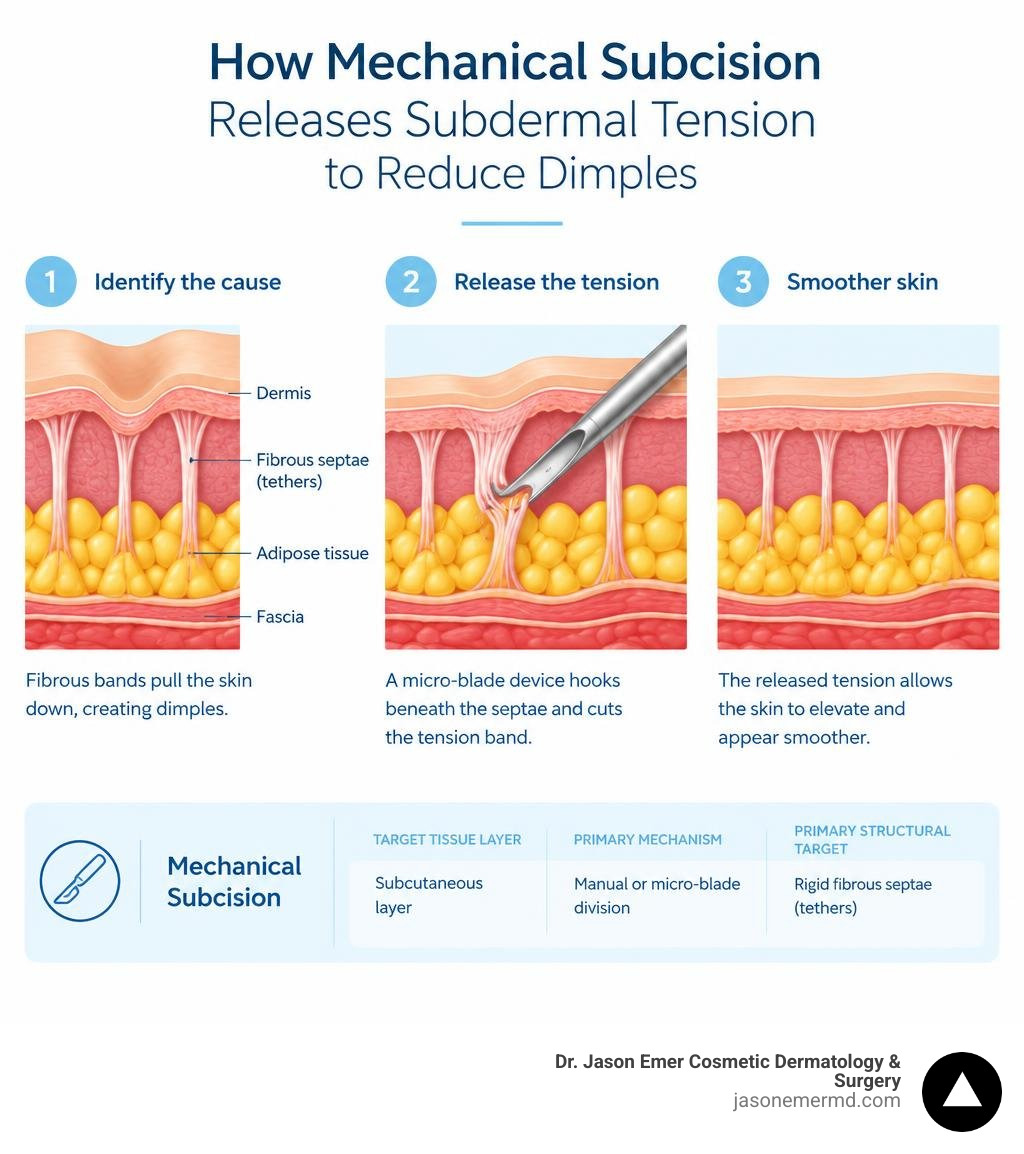 How mechanical subcision releases subdermal tension to reduce dimples infographic