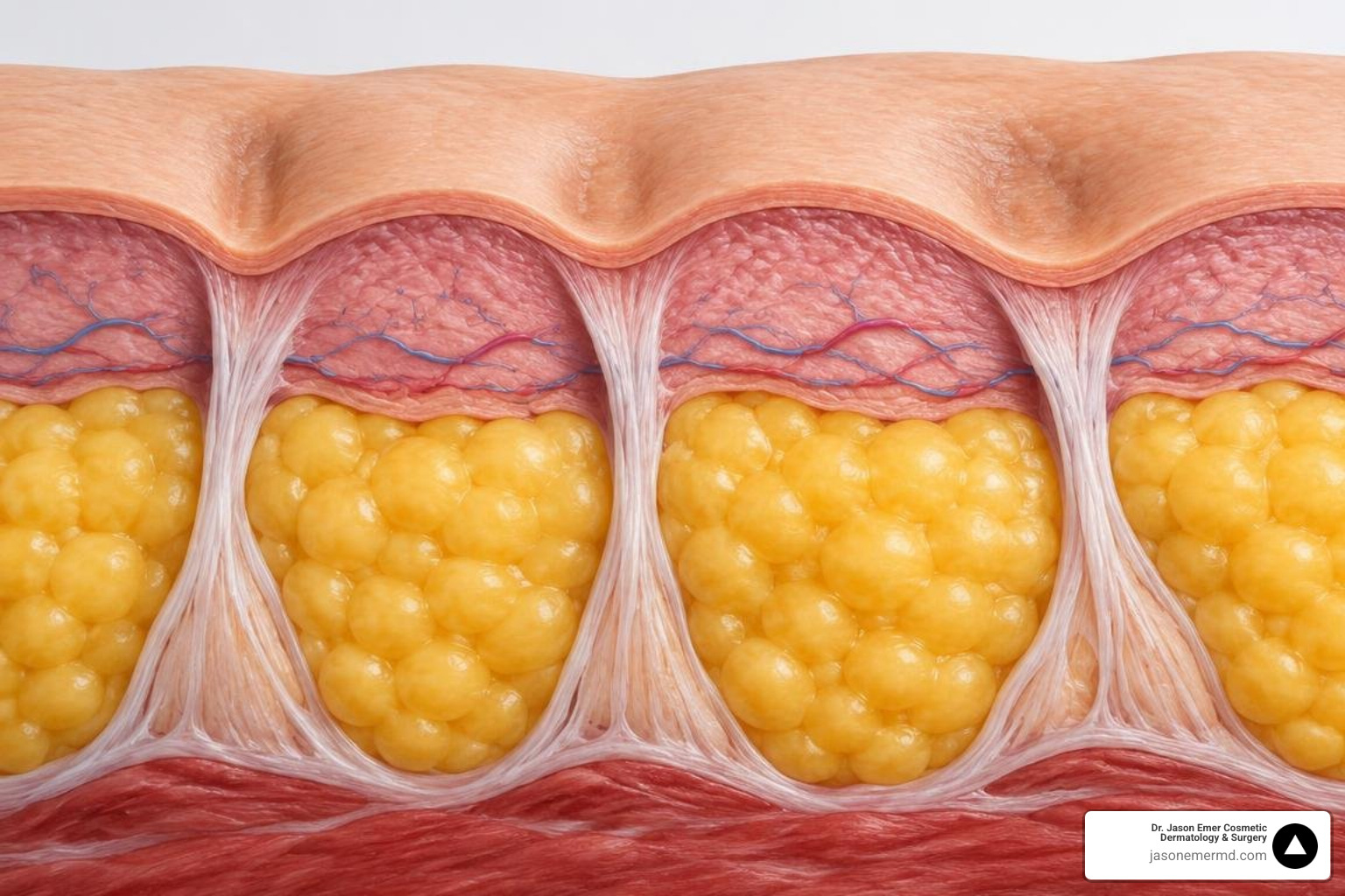 Structural skin anatomy showing fibrous septae, adipose tissue, and dermal dimpling