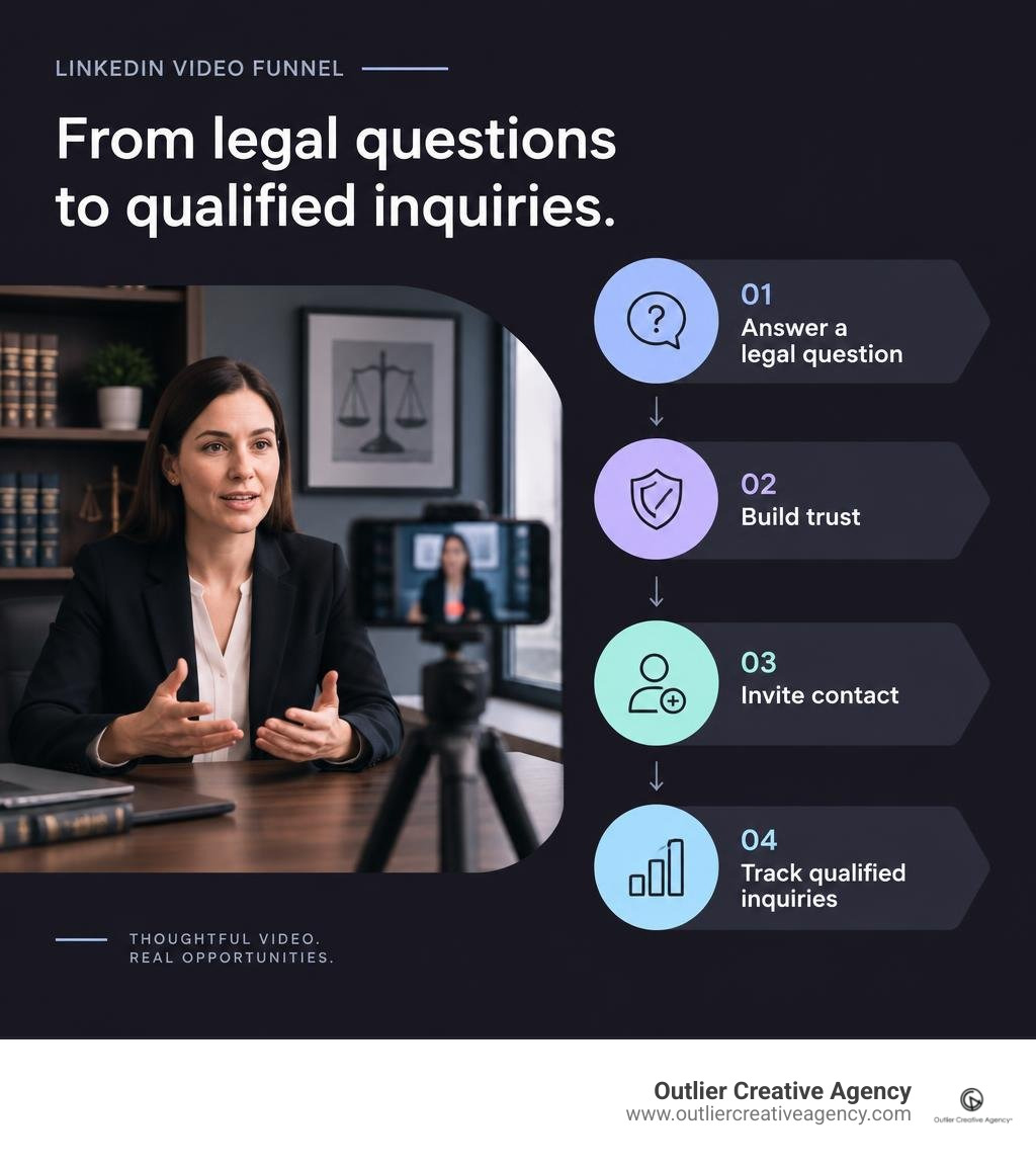 LinkedIn video funnel: answer a legal question, build trust, invite contact, track qualified inquiries infographic