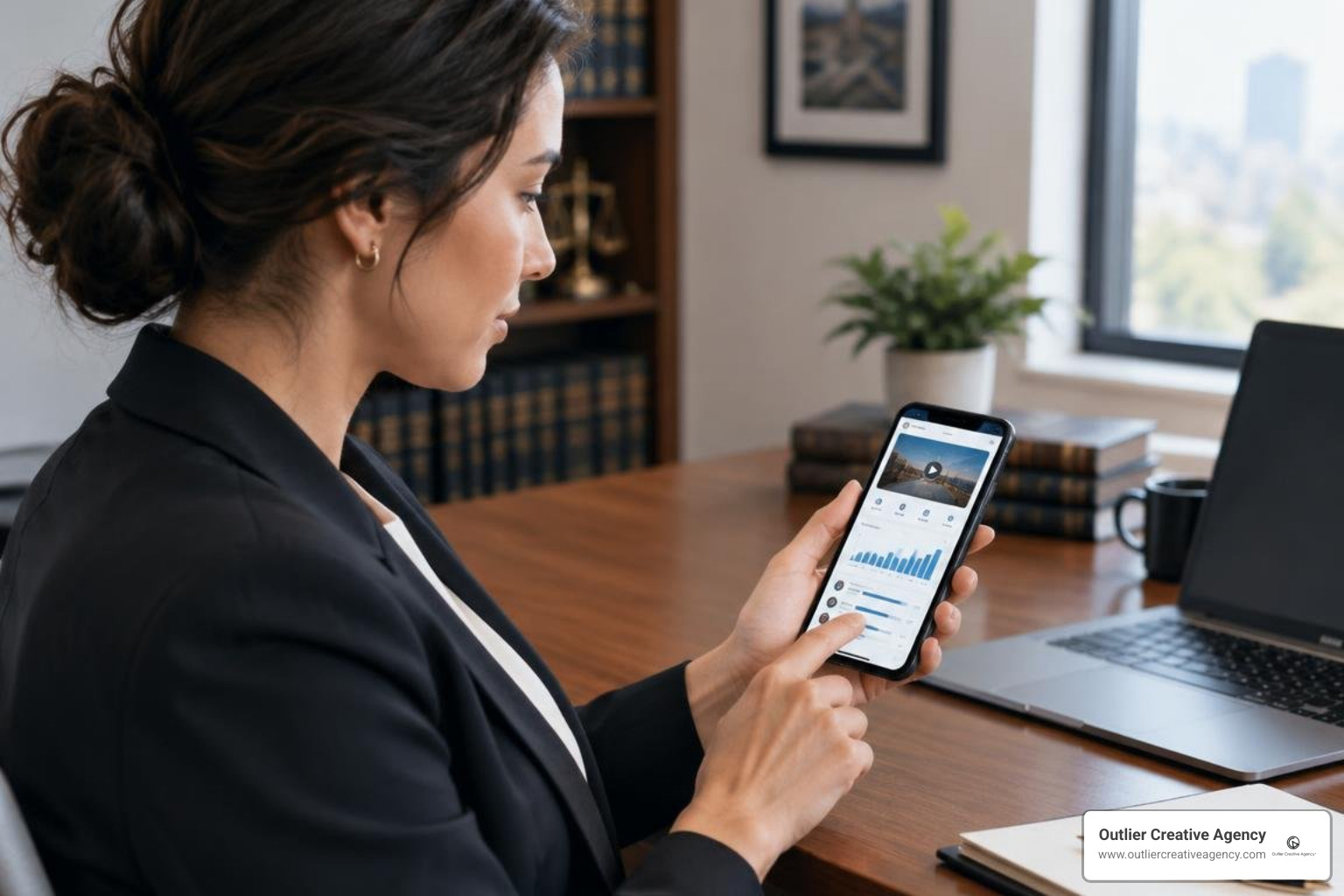 attorney reviewing post engagement and video analytics on mobile