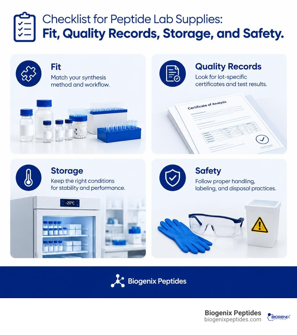 Checklist for peptide lab supplies: fit, quality records, storage, and safety infographic