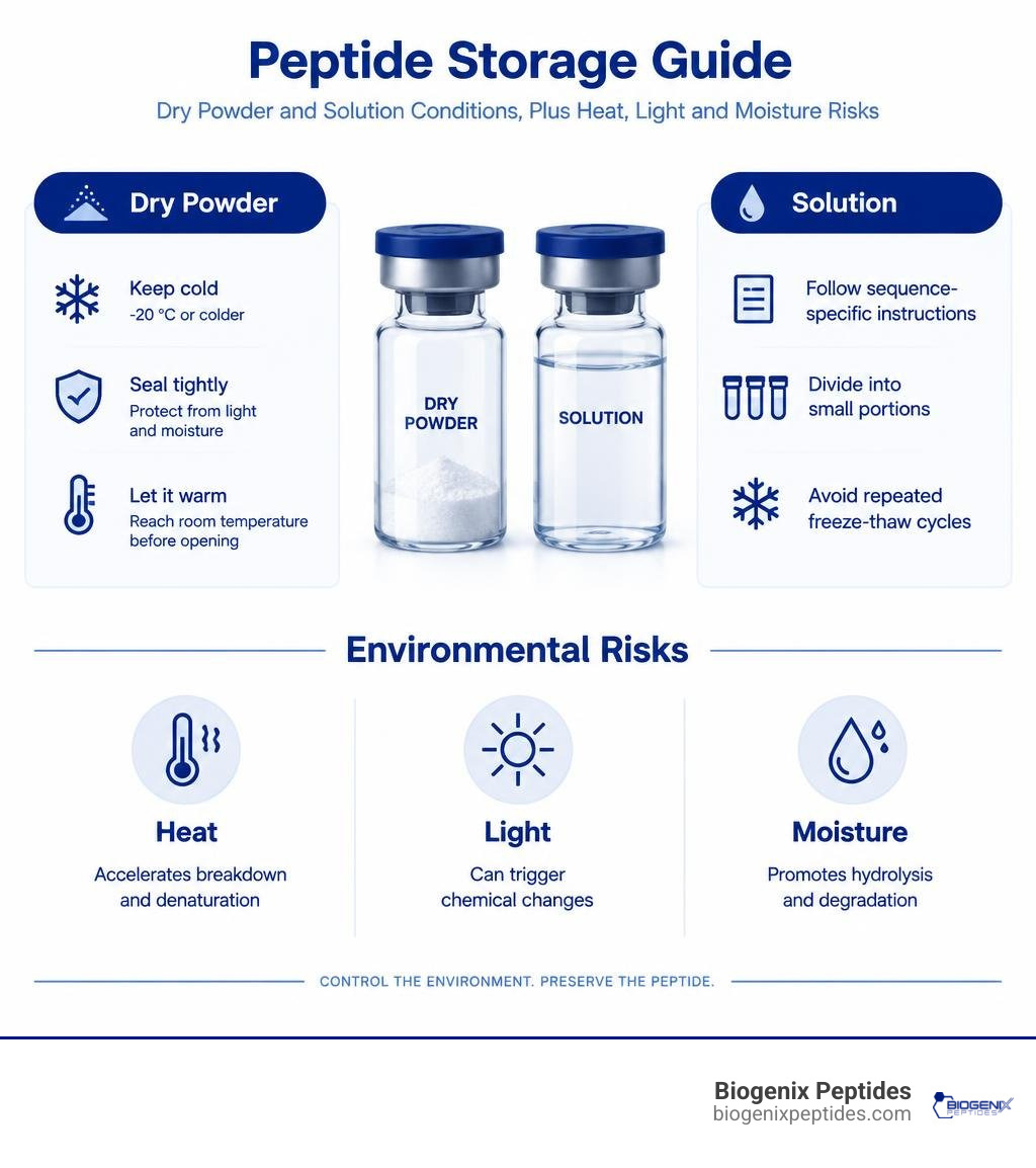 Peptide storage guide showing dry powder and solution conditions, plus heat, light, and moisture risks infographic