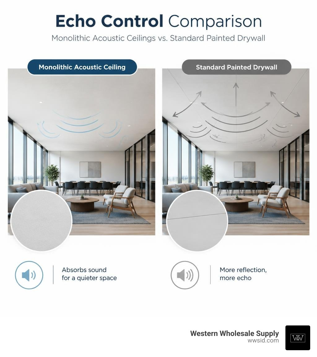 Comparison of echo control in monolithic acoustic ceilings and standard painted drywall infographic Comparison of echo control in monolithic acoustic ceilings and standard painted drywall infographic
