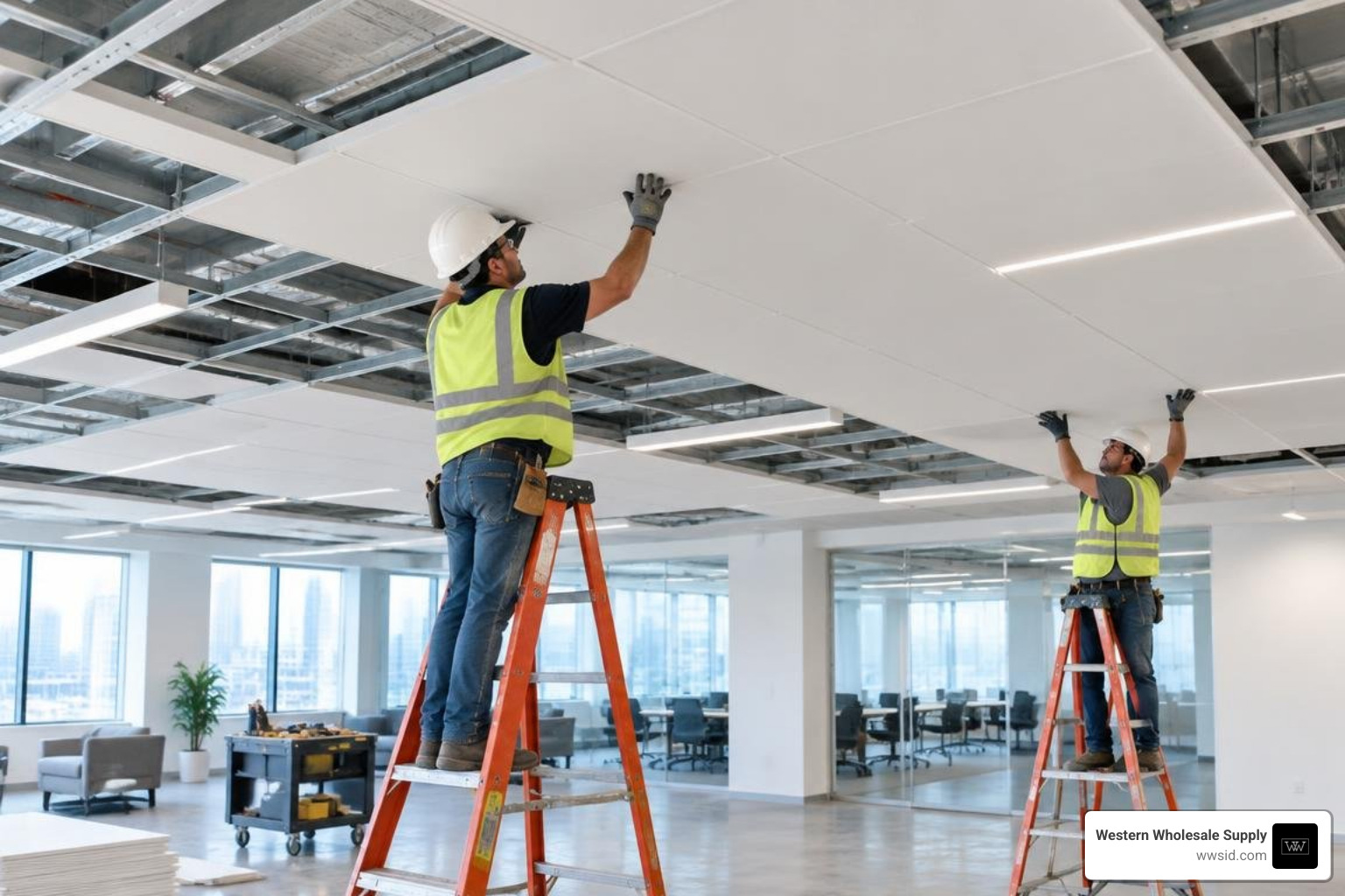 Monolithic ceiling installation in an open-concept office Monolithic ceiling installation in an open-concept office