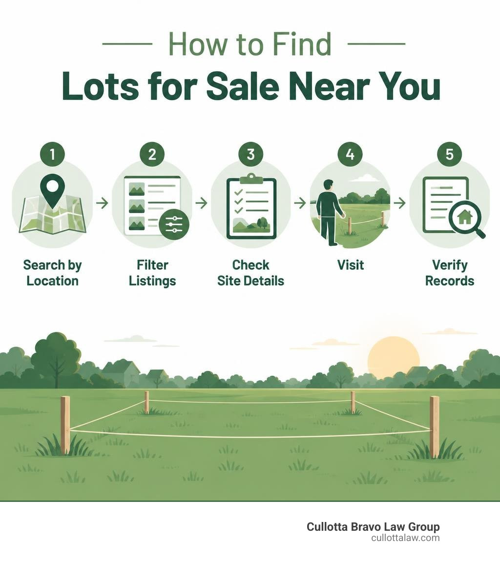 Steps to find a local lot: search by location, filter listings, check site details, visit, and verify records infographic Steps to find a local lot: search by location, filter listings, check site details, visit, and verify records infographic