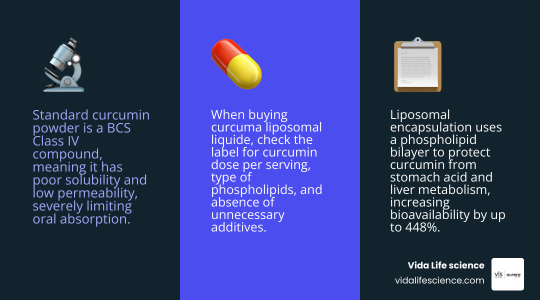 Liquid liposomal curcumin buying checklist: curcumin dose, phospholipids, additives, and storage infographic