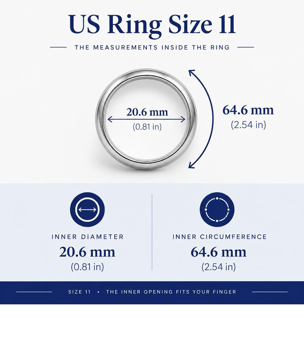 US ring size 11 inner diameter of 20.6 mm compared with inner circumference of 64.6 mm infographic