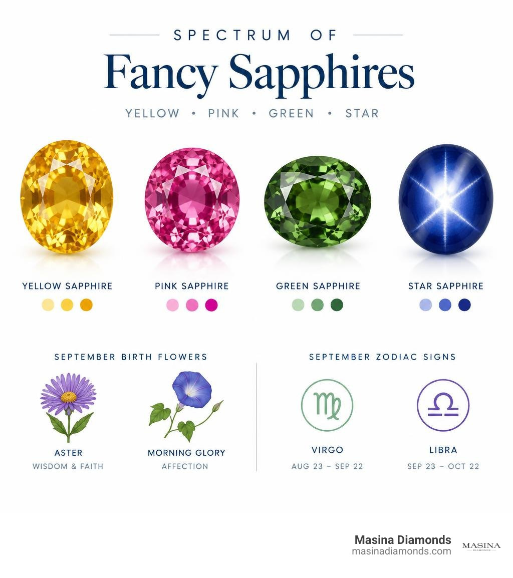 Spectrum of fancy sapphires including yellow pink green and star sapphire infographic Spectrum of fancy sapphires including yellow pink green and star sapphire infographic
