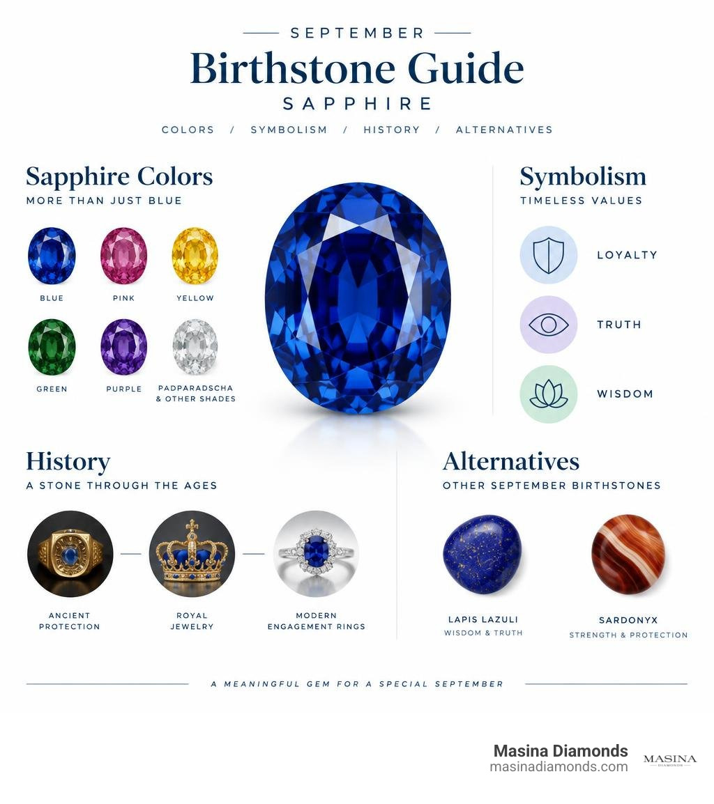 September birthstone guide showing sapphire colors, symbolism, history, and alternatives infographic September birthstone guide showing sapphire colors, symbolism, history, and alternatives infographic