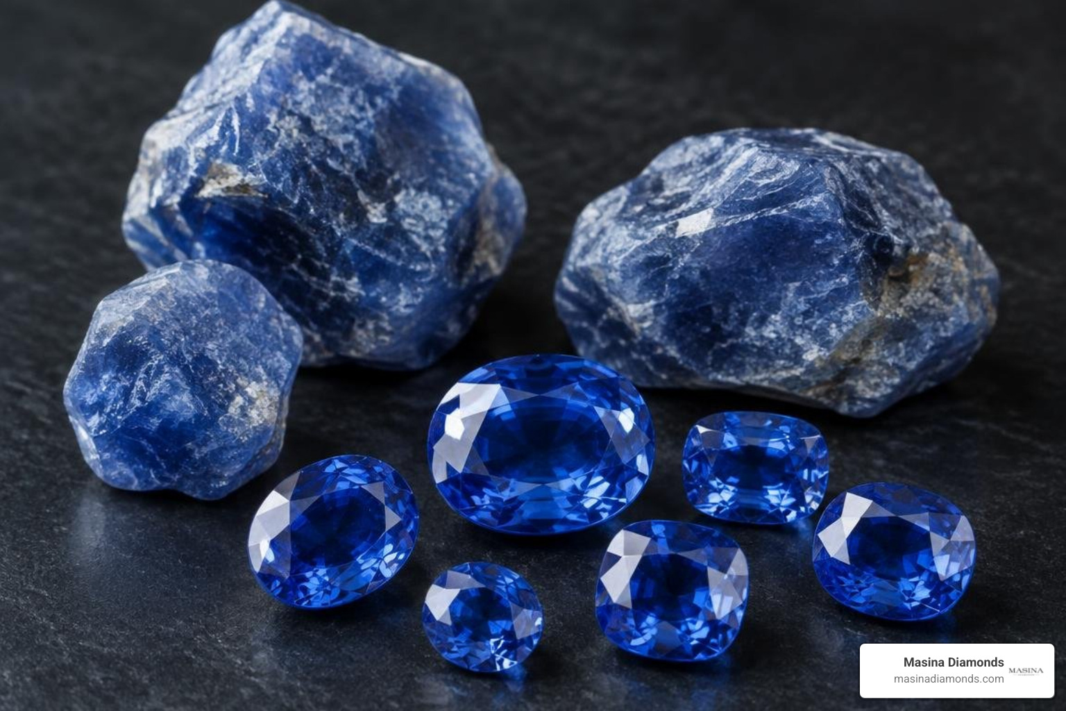 raw and faceted velvety blue Kashmir sapphires raw and faceted velvety blue Kashmir sapphires