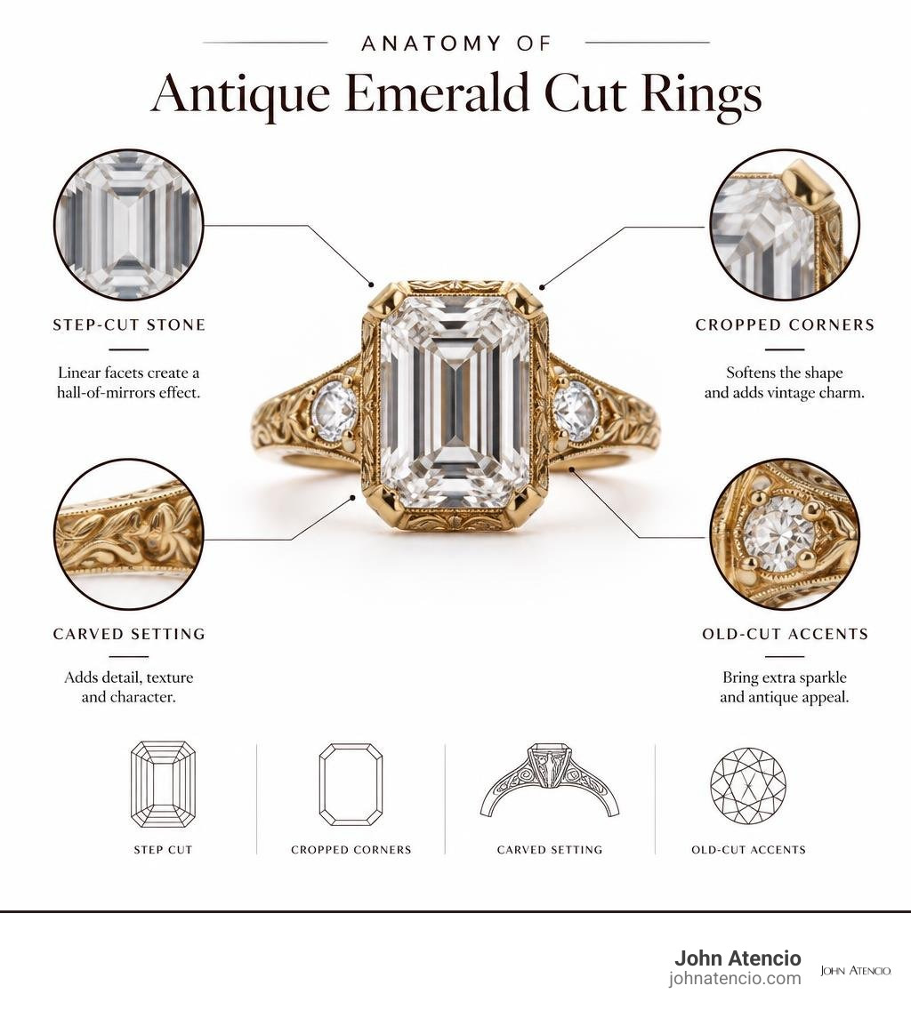 Anatomy of antique emerald cut rings: step-cut stone, cropped corners, carved setting, old-cut accents infographic