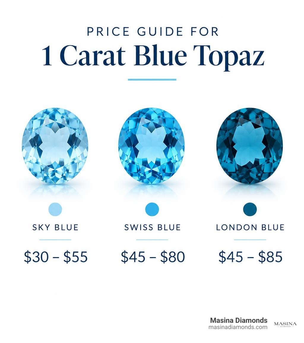 Price guide for 1 carat blue topaz: Sky blue $30-$55, Swiss blue $45-$80, London blue $45-$85 infographic Price guide for 1 carat blue topaz: Sky blue $30-$55, Swiss blue $45-$80, London blue $45-$85 infographic