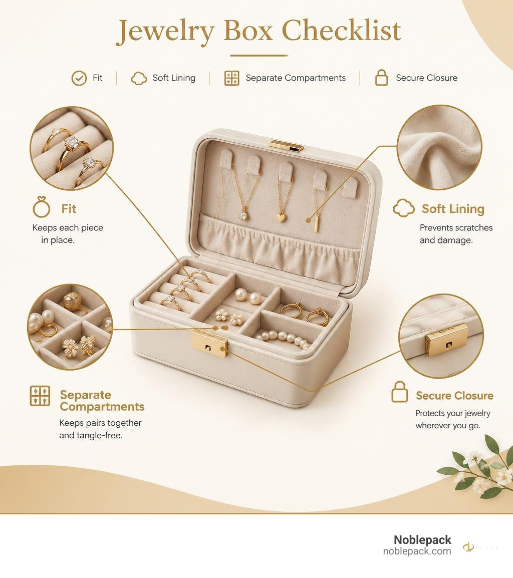 Jewelry box checklist: fit, soft lining, separate compartments, and secure closure infographic