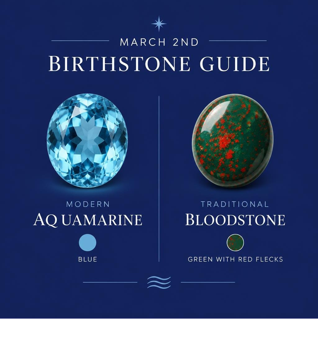 March 2nd birthstone guide: modern aquamarine is blue; traditional bloodstone is green with red flecks infographic March 2nd birthstone guide: modern aquamarine is blue; traditional bloodstone is green with red flecks infographic