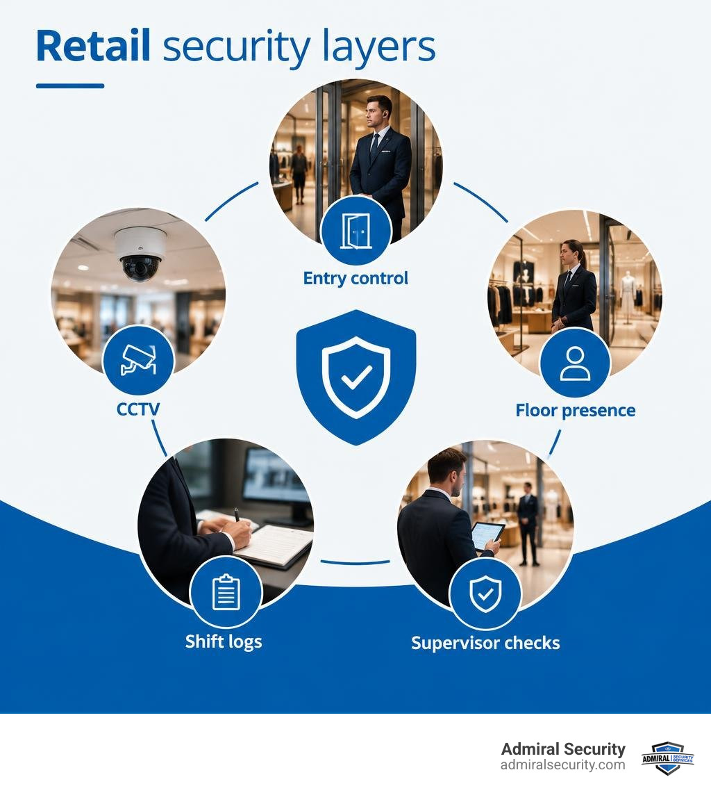 Retail security layers: entry control, floor presence, CCTV, shift logs, supervisor checks infographic