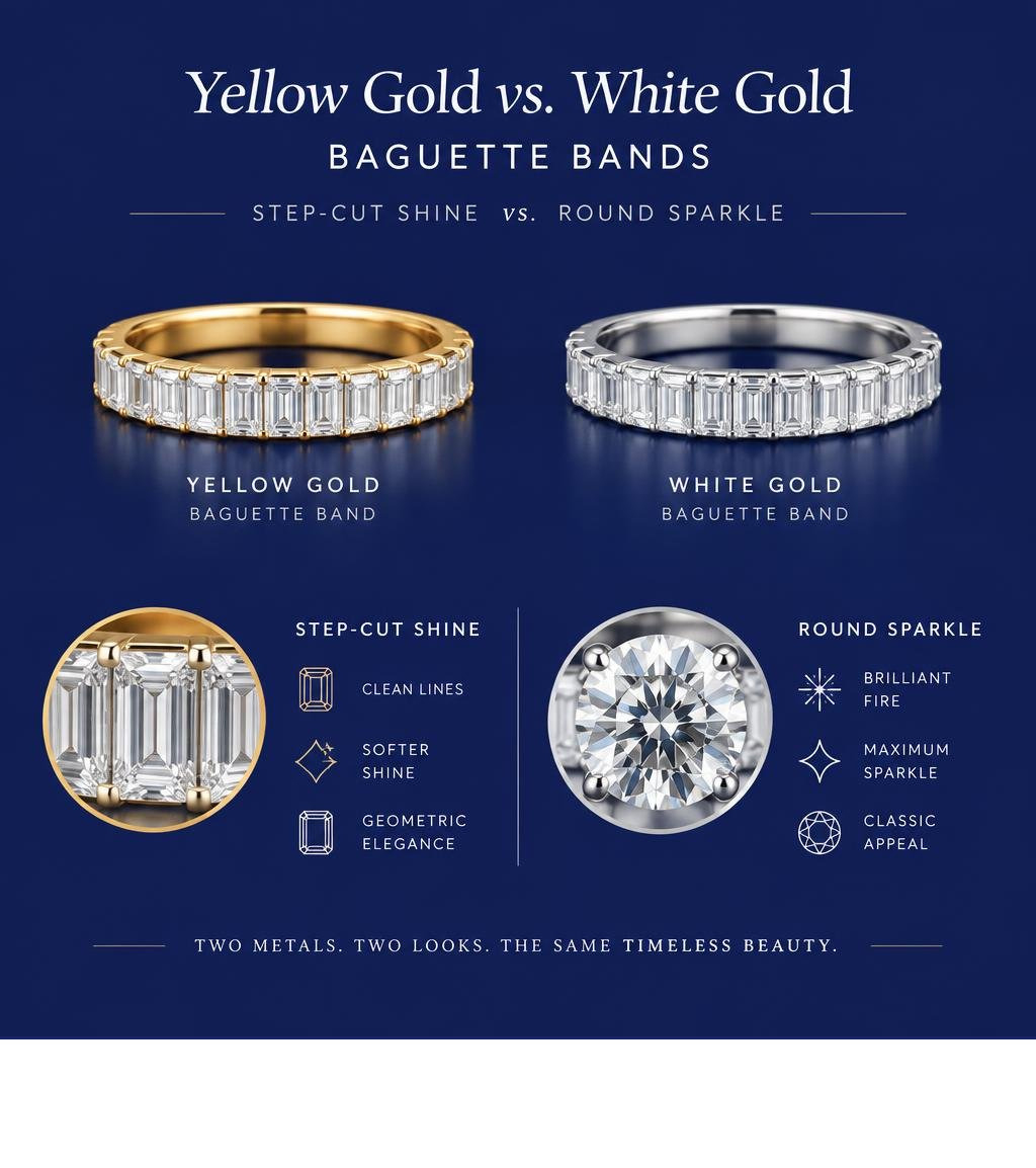 Yellow gold versus white gold baguette bands, with step-cut shine compared to round diamond sparkle infographic Yellow gold versus white gold baguette bands, with step-cut shine compared to round diamond sparkle infographic