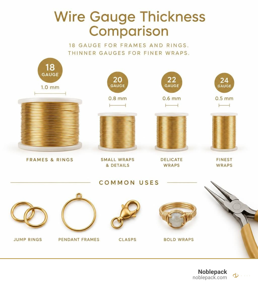 Wire gauge thickness comparison showing 18 gauge for frames and rings and thinner gauges for finer wraps infographic
