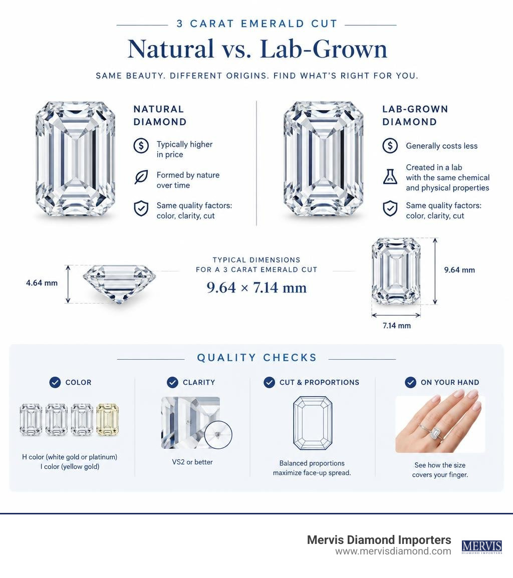 Comparison of natural and lab-grown 3 carat emerald cuts with size and quality checks infographic