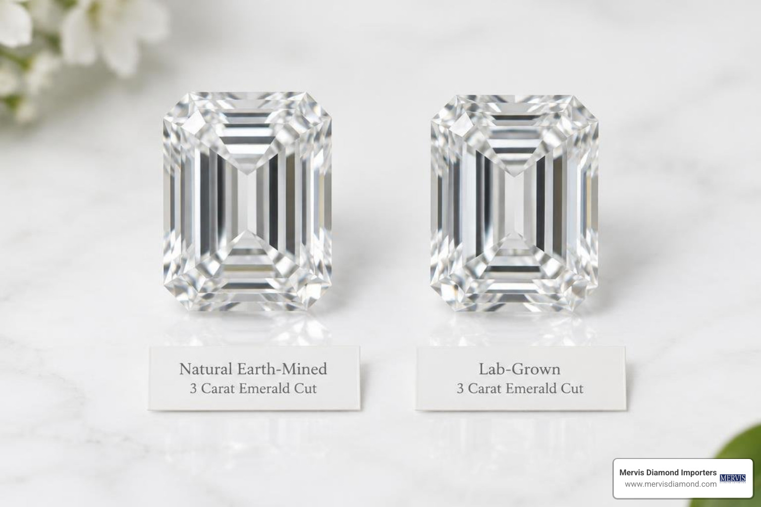 Natural and lab-grown emerald cut diamonds side by side