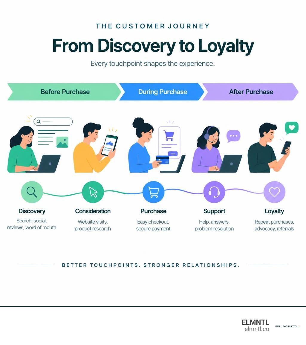 Customer touchpoints before, during, and after purchase, from discovery through support and loyalty infographic