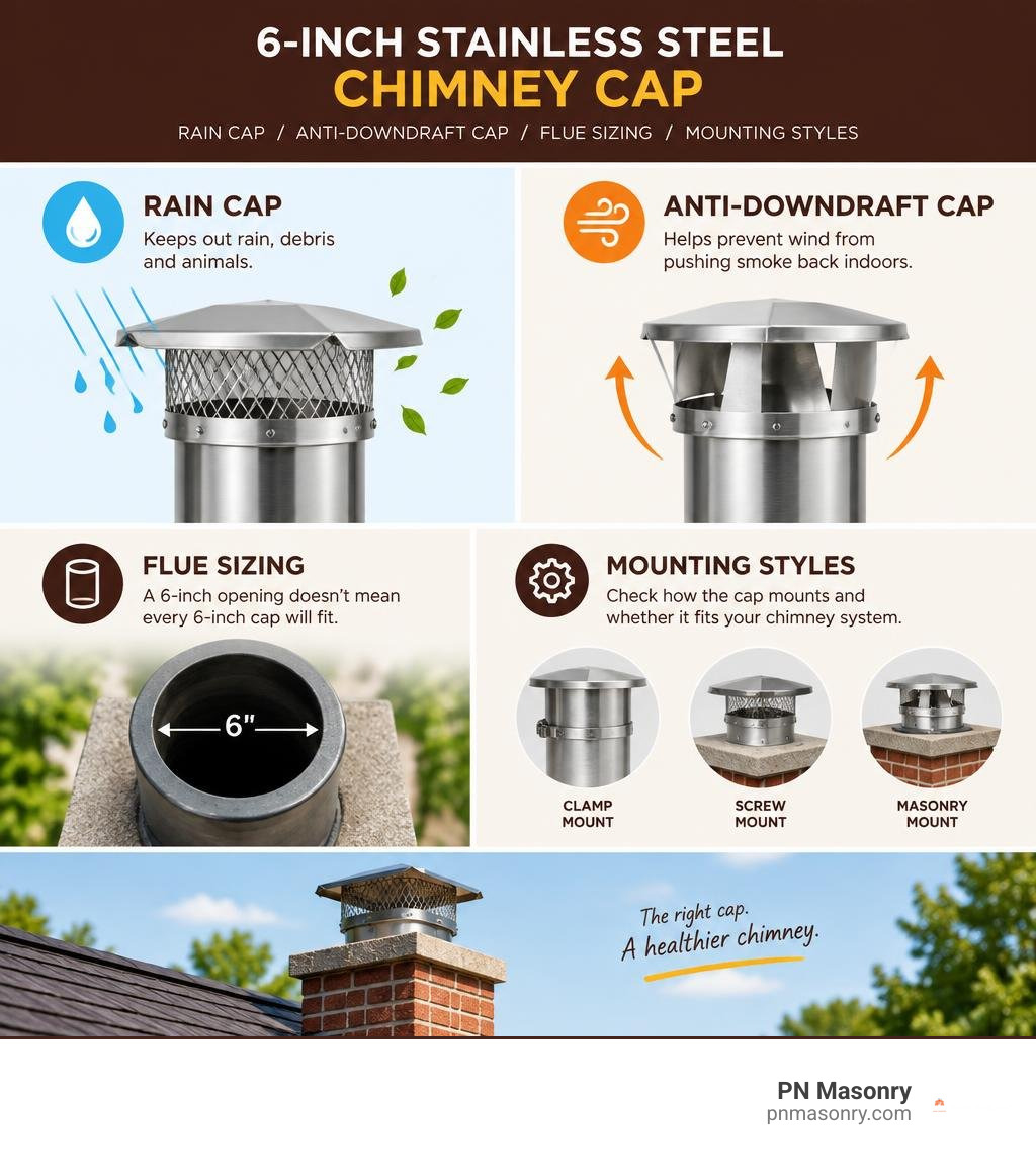 infographic comparing 6-inch rain and anti-downdraft caps, flue sizing, and mounting styles infographic infographic comparing 6-inch rain and anti-downdraft caps, flue sizing, and mounting styles infographic