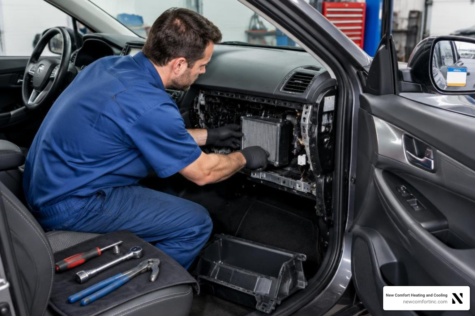 Automotive technician servicing a dashboard heater core Automotive technician servicing a dashboard heater core