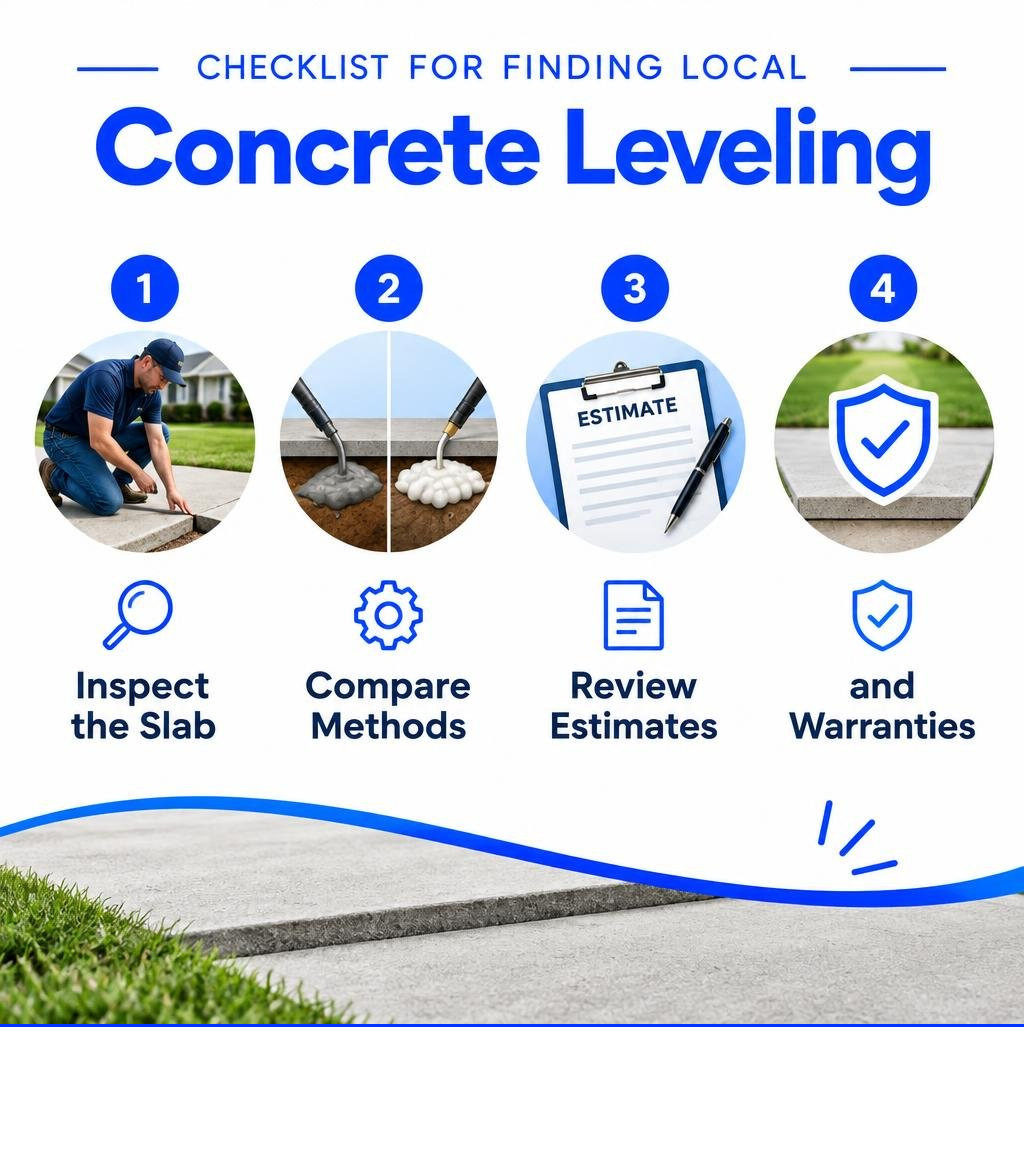 Checklist for finding local concrete leveling: inspect the slab, compare methods, review estimates and warranties infographic