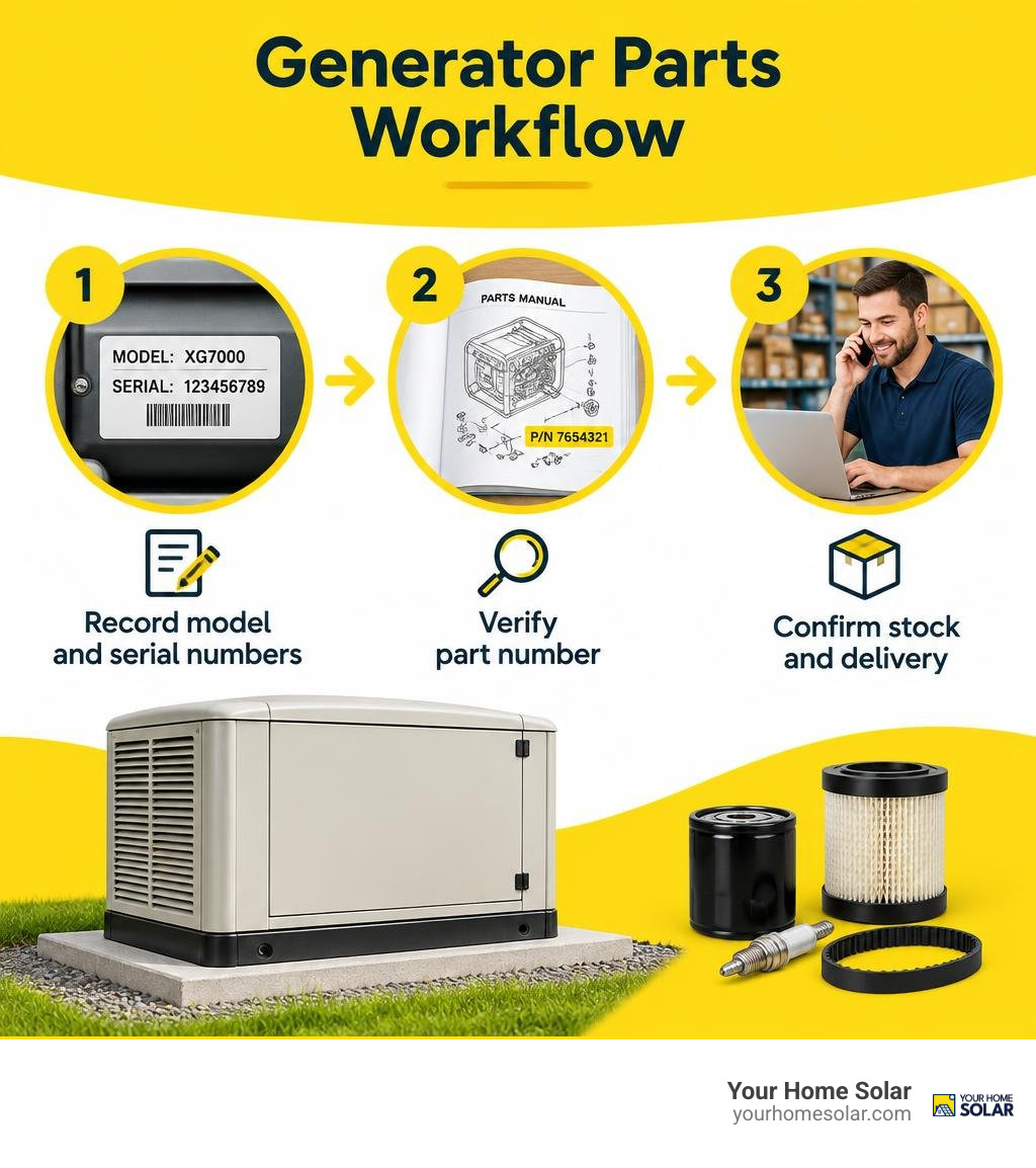 Generator parts workflow: record model and serial numbers, verify part number, confirm stock and delivery infographic Generator parts workflow: record model and serial numbers, verify part number, confirm stock and delivery infographic