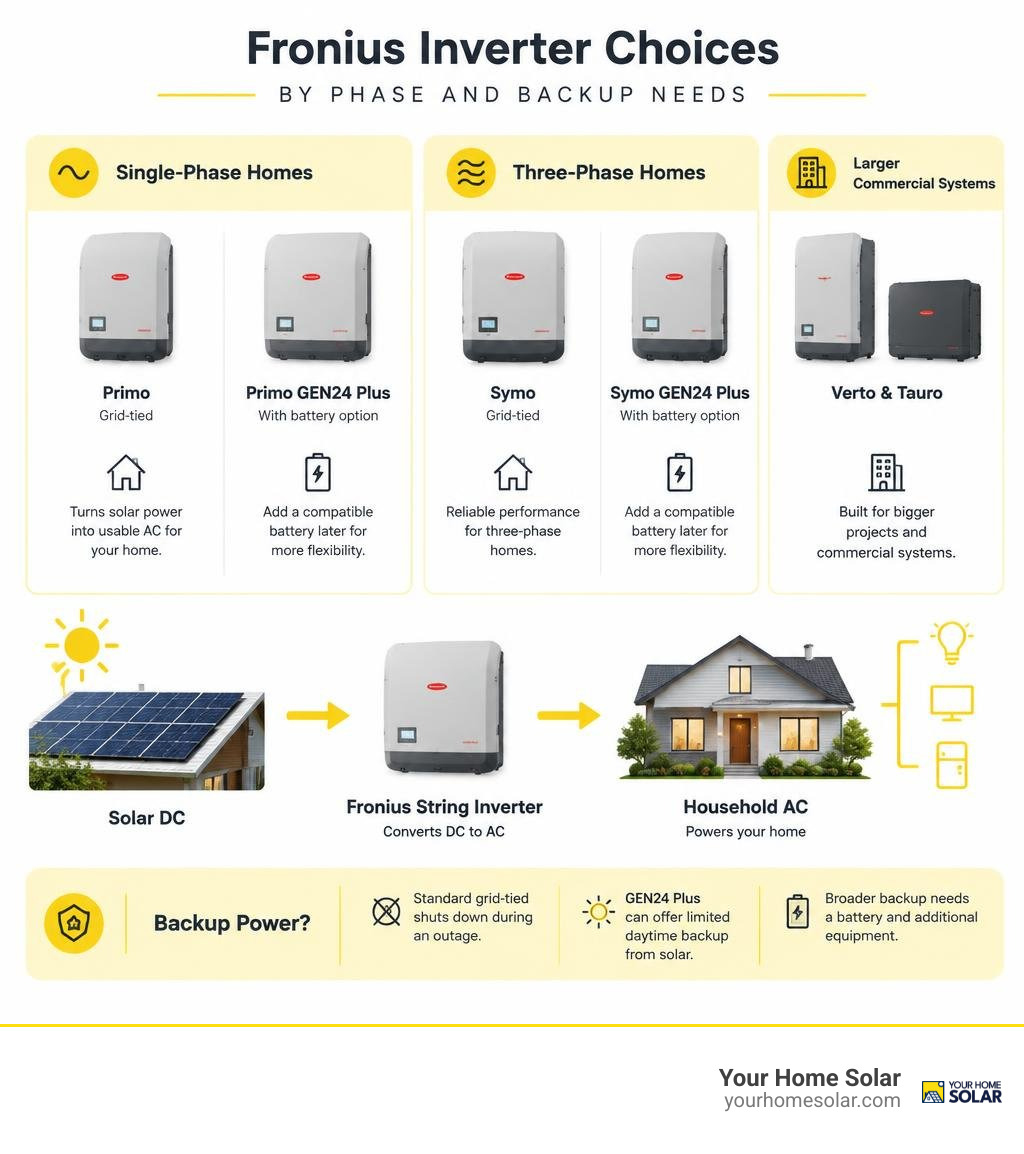 Fronius inverter choices by phase and backup needs, showing solar DC converted to household AC infographic Fronius inverter choices by phase and backup needs, showing solar DC converted to household AC infographic