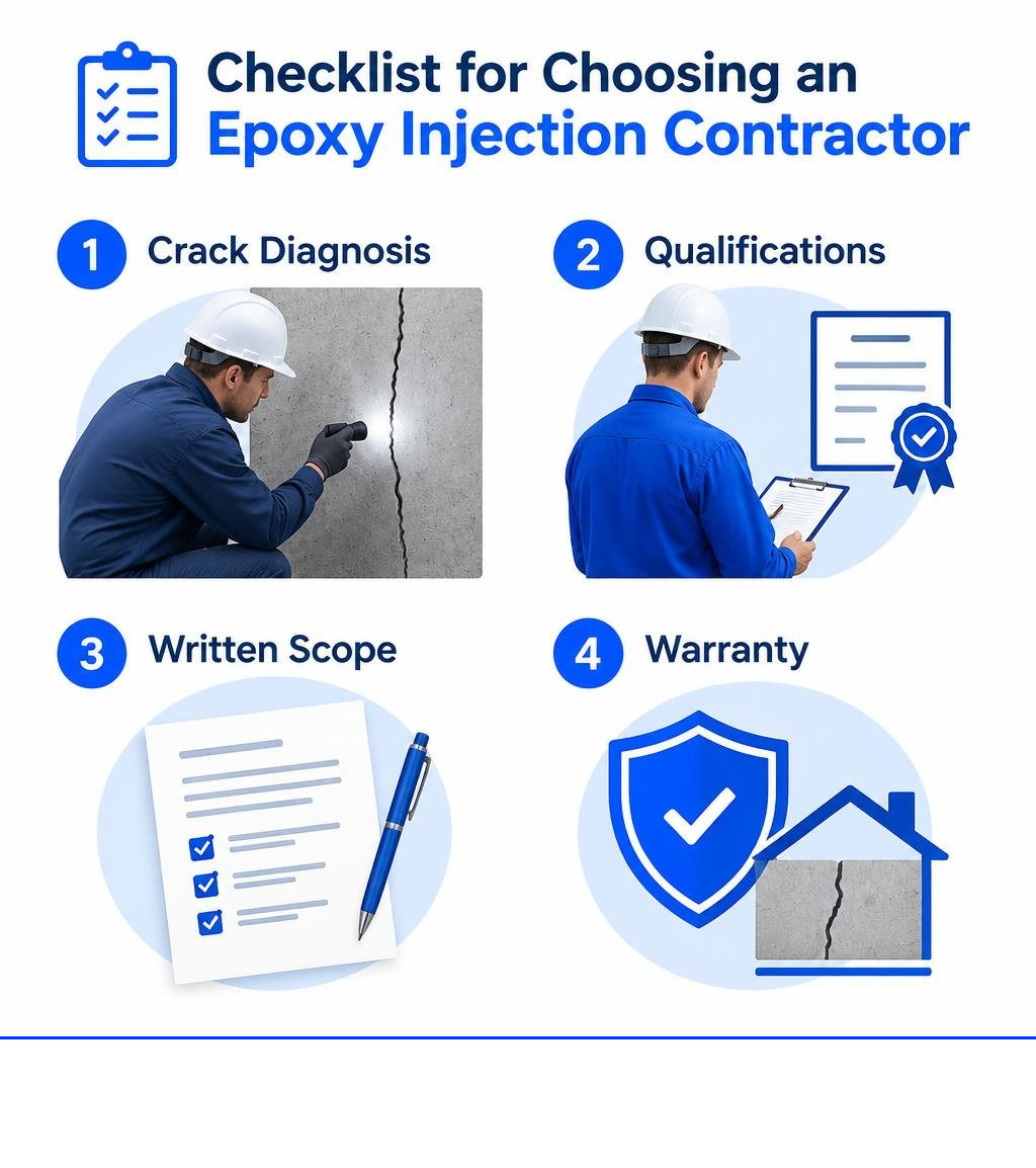 Checklist for choosing an epoxy injection contractor: crack diagnosis, qualifications, written scope, warranty infographic Checklist for choosing an epoxy injection contractor: crack diagnosis, qualifications, written scope, warranty infographic