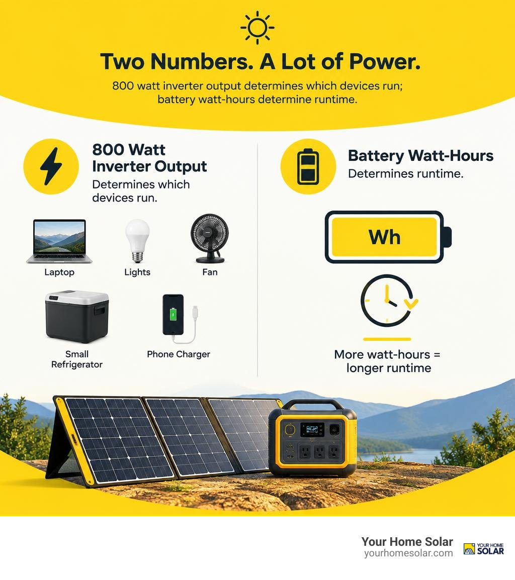 800-watt inverter output determines which devices run; battery watt-hours determine runtime infographic 800-watt inverter output determines which devices run; battery watt-hours determine runtime infographic